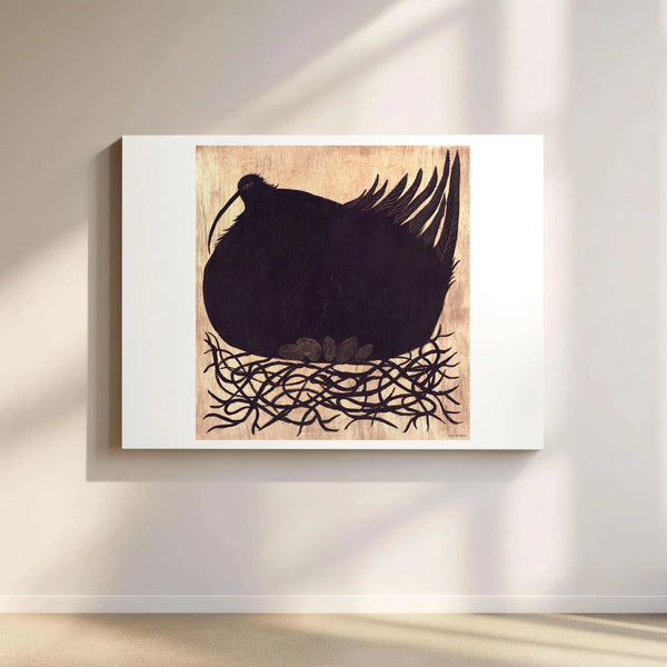 Nesting Bird Canvas Art | Woodcut Style Black and Gold Wall Decor | Premium 1.25 Inch Gallery Wrap | Unique Bird Lover Gift f