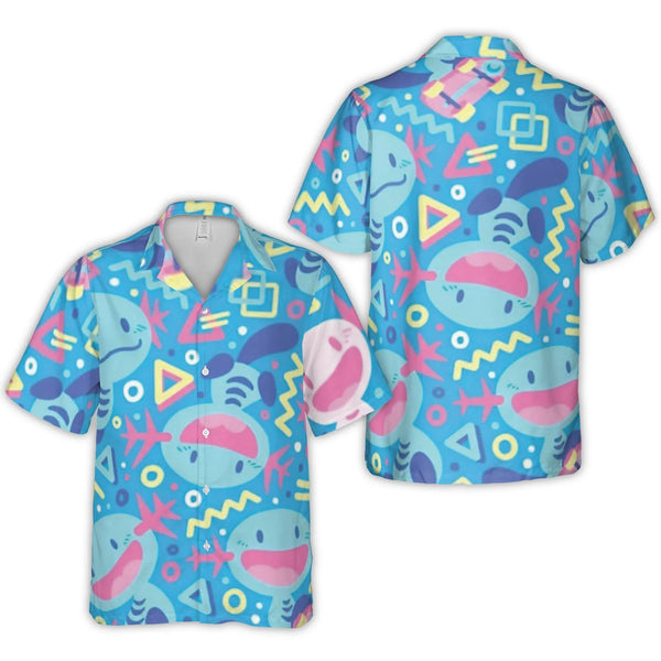 Retro 90s Gaming Pattern Hawaiian Shirt | Vibrant Blue Axolotl Character Print | Lightweight Breathable Polyester | Fun Summe