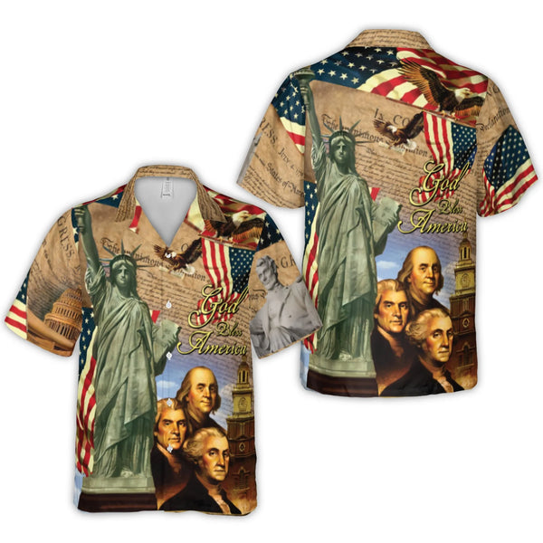 God Bless America Hawaiian Shirt | Founding Fathers Patriotic Print | Lightweight Woven Polyester | July 4th Apparel for Men