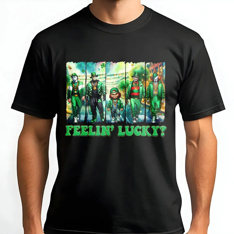 Feelin Lucky Horror T-Shirt | Slasher Movie Squad St. Patrick's Day Graphic Tee | 100% Cotton Premium Unisex Shirt | Funny Horror Fan Gift