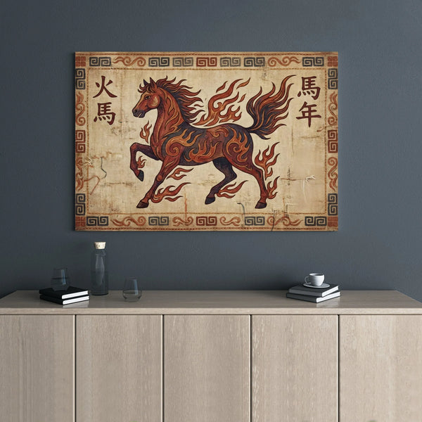 Fire Horse Wall Art | Chinese Zodiac Year of the Horse Canvas | Premium Gallery Wrap Decor | Symbolic Asian Astrology Home Gi