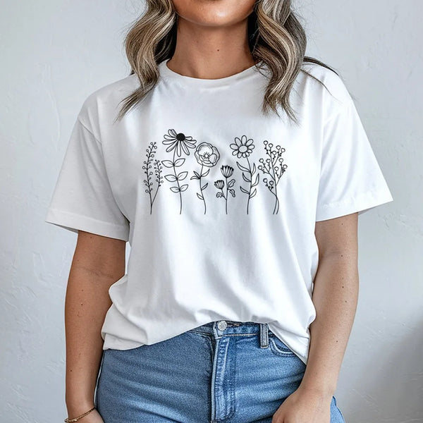 Wildflower T-Shirt | Minimalist Botanical Line Art Graphic | 100% Cotton Premium Tee | Cottagecore Gift for Plant Lovers
