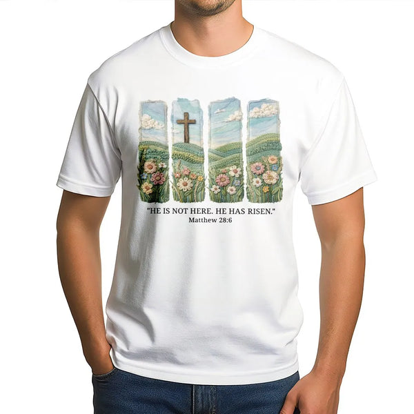 He Is Risen T-Shirt | Matthew 28:6 Floral Cross Embroidery Style Graphic | 100% Cotton Premium Tee | Easter Sunday Religious 