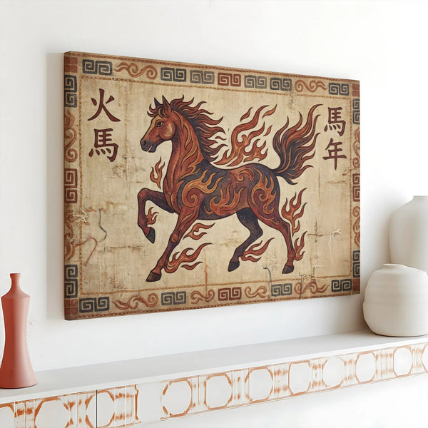 Fire Horse Wall Art | Chinese Zodiac Year of the Horse Canvas | Premium Gallery Wrap Decor | Symbolic Asian Astrology Home Gi