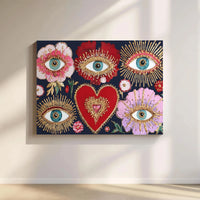 Bohemian Evil Eye Wall Art | Sacred Heart Gold Foil Accent Print | Premium 1.25 Inch Gallery Wrap Canvas | Spiritual Home Decor Gift