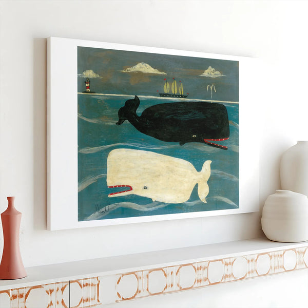 Whale Wall Art Canvas | Folk Art Black and White Sperm Whale Nautical Print | Premium 1.25 Inch Gallery Wrap | Coastal Home D