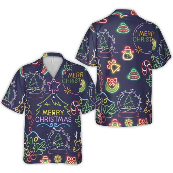 Neon Christmas Hawaiian Shirt | Festive Holiday Pattern With Snow Globes & Reindeer | Premium Wrinkle-Resistant Poly | Fun Ch