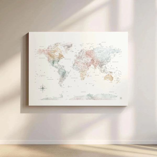 Watercolor World Map Canvas Print | Earthy Tones Geographic Wall Art | 1.25-Inch Gallery Wrap Frame | Modern Home & Office De