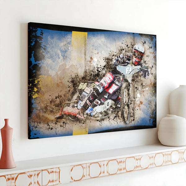 Speedway Motorcycle Racing Wall Art | Swedish Flag Grunge Sports Print | Premium Gallery Wrap Canvas | Gift for Motorsport En