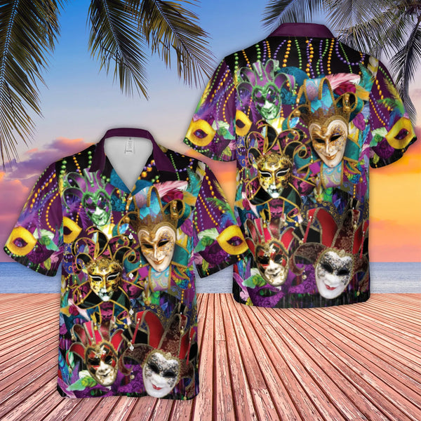 Mardi Gras Hawaiian Shirt | Venetian Mask Carnival Print | Lightweight Woven Polyester | Festival Party Outfit For Men And Wo
