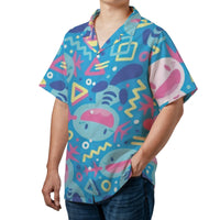 Retro 90s Gaming Pattern Hawaiian Shirt | Vibrant Blue Axolotl Character Print | Lightweight Breathable Polyester | Fun Summer Gift for Gamers