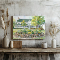 Watercolor House Canvas Print | Charming Garden Cottage Wall Art | Gallery Wrapped Premium Canvas | Coastal Cottage Decor For Living Room