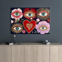 Bohemian Evil Eye Wall Art | Sacred Heart Gold Foil Accent Print | Premium 1.25 Inch Gallery Wrap Canvas | Spiritual Home Decor Gift