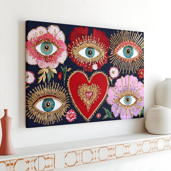 Bohemian Evil Eye Wall Art | Sacred Heart Gold Foil Accent Print | Premium 1.25 Inch Gallery Wrap Canvas | Spiritual Home Dec