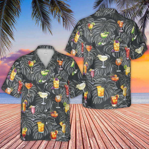Cocktail Print Hawaiian Shirt | Tropical Palm Leaf Pattern | Breathable Woven Polyester | Fun Vacation Gift for Men