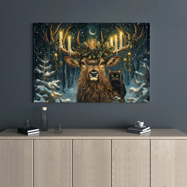 Christmas Stag Canvas Print | Whimsical Deer With Candles And Black Cat | Premium Gallery Wrapped Wall Art | Festive Winter H