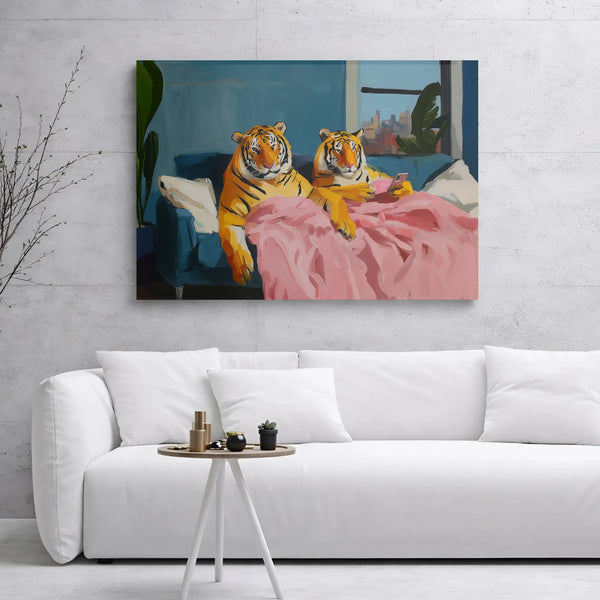 Tiger Wall Art Canvas | Whimsical Couch Couple Portrait | Gallery Wrap Premium Print | Funny Animal Home Decor Gift