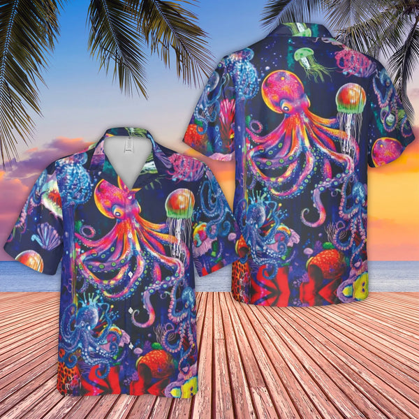 Psychedelic Octopus Hawaiian Shirt | Neon Ocean Life Underwater Print | Lightweight Woven Polyester | Gift for Tropical Beach