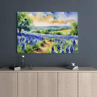 Bluebonnet Flower Field Canvas Print | Watercolor Texas Landscape Art | 1.25” Gallery Wrap | Premium Nature Wall Decor for Home Office