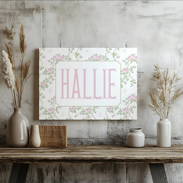 Hallie Name Wall Art | Floral Rose Vine & Butterfly Decor | Premium 1.25-Inch Gallery Wrap Canvas | Personalized Gift for Gir