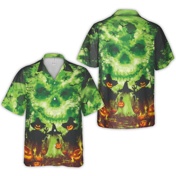Halloween Hawaiian Shirt | Spooky Green Skull & Jack O' Lantern Print | Breathable Woven Polyester | Fun Men's Gift for Octob
