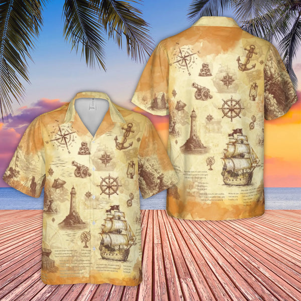 Pirate Treasure Map Hawaiian Shirt | Vintage Nautical Print Ship & Compass Design | Breathable Polyester Fabric | Unique Summ