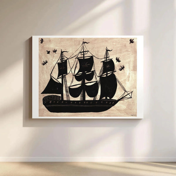 Sailing Ship Canvas Wall Art | Woodcut Style Nautical Decor | Premium 1.25 Inch Gallery Wrap | Ready To Hang Office Or Home G