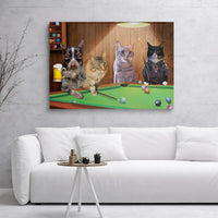 Cats and Dog Playing Pool Canvas Art | Funny Billiards Room Decor | 1.25 Inch Premium Gallery Wrap | Unique Gift for Pet Lovers and Pool Players