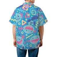 Retro 90s Gaming Pattern Hawaiian Shirt | Vibrant Blue Axolotl Character Print | Lightweight Breathable Polyester | Fun Summer Gift for Gamers
