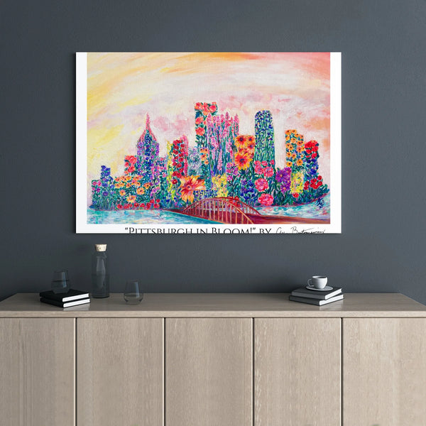 Pittsburgh In Bloom Canvas Art | Floral Skyline Cityscape Painting | Premium Gallery Wrapped Decor | Unique Home & Office Gif