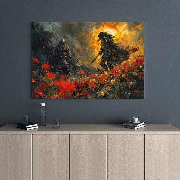 Knight Fantasy Wall Art | Epic Duel in Field of Red Poppies | Premium 1.25-Inch Gallery Wrap Canvas | Medieval Home Decor Gif