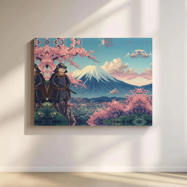 Samurai Otter Canvas Wall Art | Mount Fuji & Cherry Blossoms Design | Premium Gallery Wrap Wooden Frame | Unique Japan-Inspir