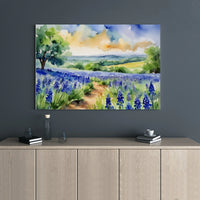 Watercolor Bluebonnet Landscape Canvas | Floral Meadow Art Print | 1.25 Inch Gallery Wrap | Nature-Inspired Home Decor Gift