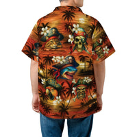 Pirate Hawaiian Shirt | Funny Cat Shark Parrot Tiki Mask Sunset Print | Wrinkle-Resistant Woven Polyester | Unique Beach Vacation Gift for Men