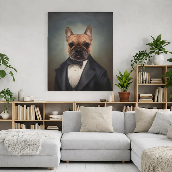 French Bulldog Canvas Wall Art | Dapper Dog in Tuxedo Portrait | Premium Gallery Wrap Decor | Unique Gift for Dog Lovers & Pe