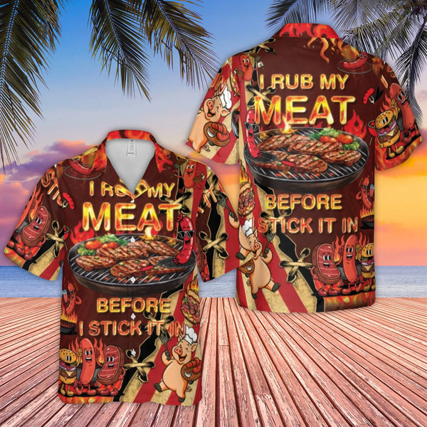 Funny BBQ Hawaiian Shirt | I Rub My Meat Before I Stick It In Graphic | Breathable Polyester | Gift for Grill Master & Dad