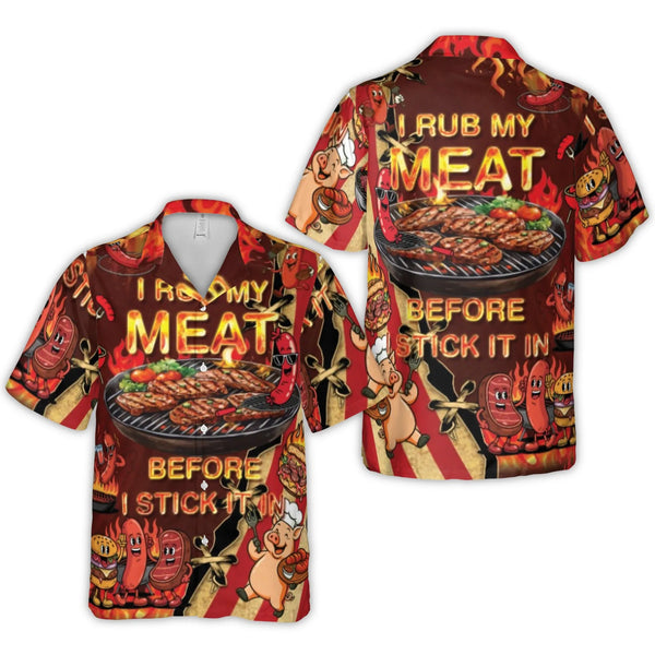 Funny BBQ Hawaiian Shirt | I Rub My Meat Before I Stick It In Graphic | Breathable Polyester | Gift for Grill Master & Dad