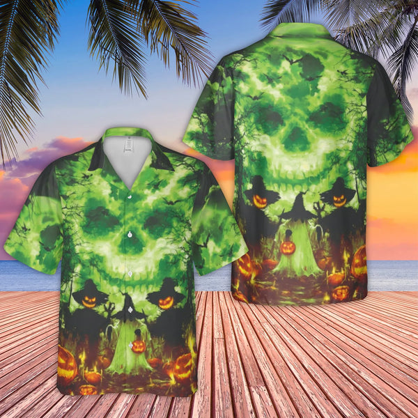 Halloween Hawaiian Shirt | Spooky Green Skull & Jack O' Lantern Print | Breathable Woven Polyester | Fun Men's Gift for Octob