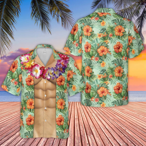 Fake Six-Pack Abs Hawaiian Shirt | Tropical Hibiscus Lei Print | Premium Wrinkle-Resistant Polyester | Funny Summer Vacation 