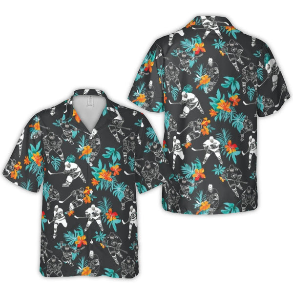 Ice Hockey Tropical Hawaiian Shirt | Floral Sports Button Down | Premium Lightweight Polyester | Unique Hockey Fan Summer Gif