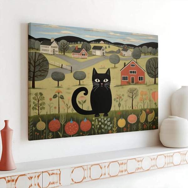 Folk Art Black Cat Canvas Print | Whimsical Rural Landscape Wall Decor | 1.25" Gallery Wrap | Premium Farmhouse Artwork for C