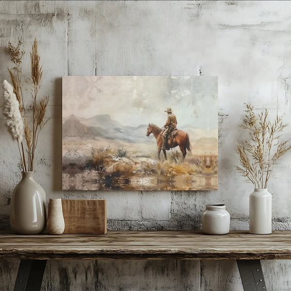 Western Cowboy Painting Canvas | Horseback Mountain Landscape Art | Premium Gallery Wrap Print | Rustic Home Decor Gift for H