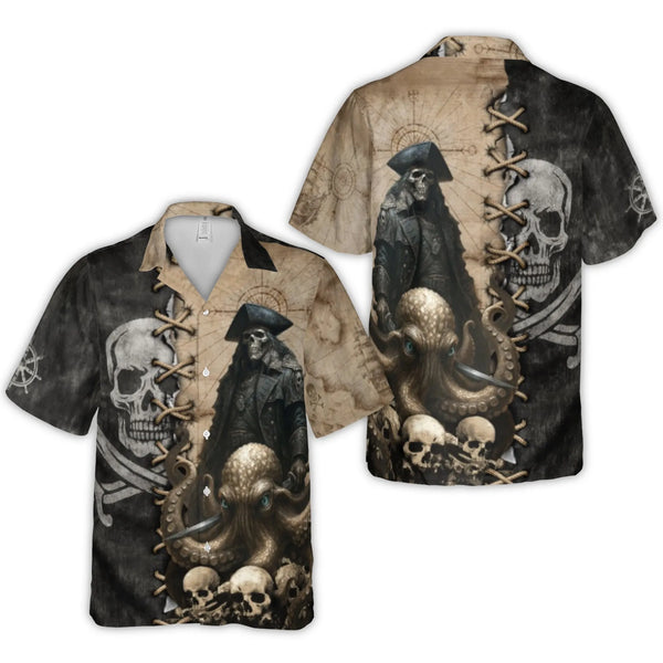 Pirate Captain Hawaiian Shirt | Skeleton Kraken Octopus Graphic | Premium Wrinkle-Resistant Woven Polyester | Unique Gift for