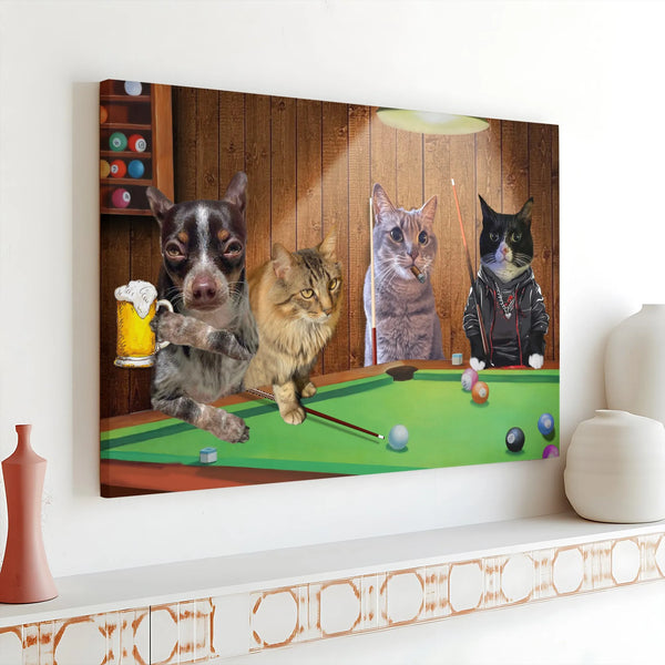 Cats and Dog Playing Pool Canvas Art | Funny Billiards Room Decor | 1.25 Inch Premium Gallery Wrap | Unique Gift for Pet Love