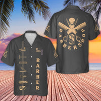 Barber Shop Hawaiian Shirt | Vintage Barber Tools Print | Durable Woven Polyester | Perfect Gift for Barbers and Hair Stylists