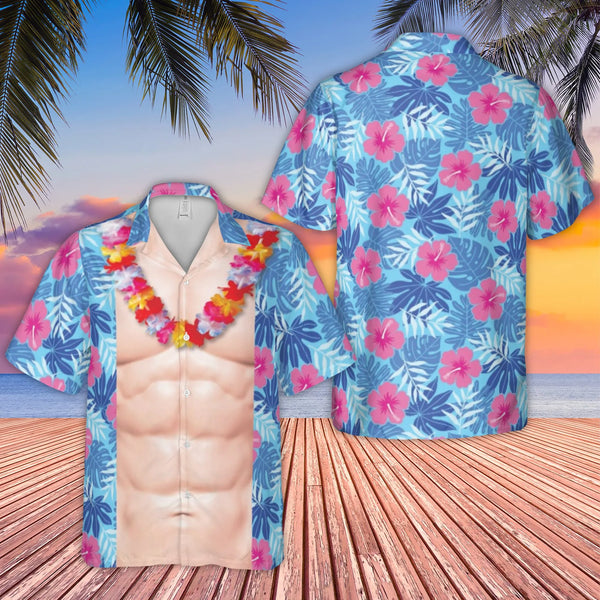 Funny Six Pack Abs Hawaiian Shirt | Tropical Lei Floral Print | Lightweight Woven Polyester | Unique Summer Vacation Gift For