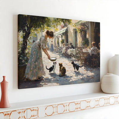 European Cafe Cat Painting | Impressionist Woman Feeding Kittens Art | Premium Gallery Wrap Canvas | Gift for Cat Lovers & Home Decor