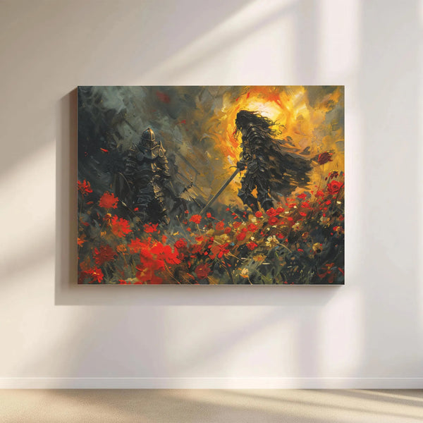 Knight Fantasy Wall Art | Epic Duel in Field of Red Poppies | Premium 1.25-Inch Gallery Wrap Canvas | Medieval Home Decor Gif