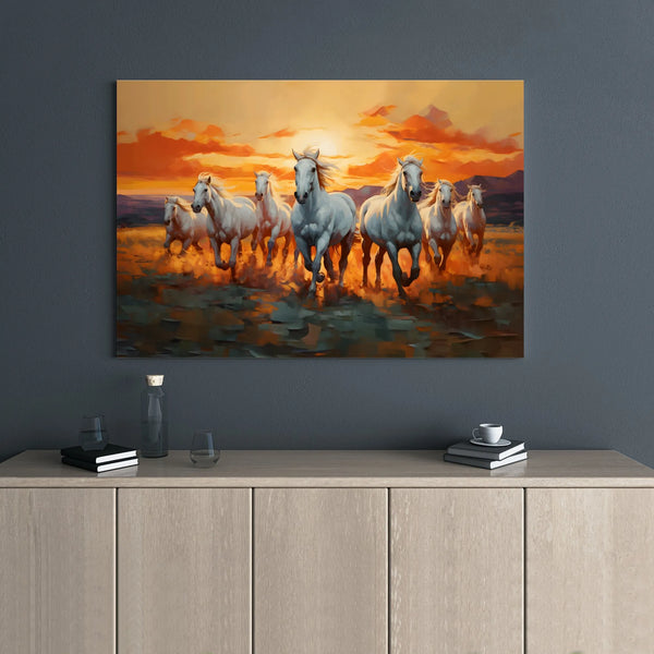 Running White Horses Canvas Wall Art | Sunset Equine Stampede Print | Premium 1.25-Inch Gallery Wrap | Southwestern Home Deco
