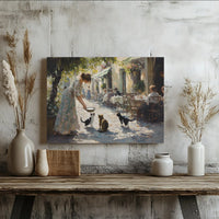 European Cafe Cat Painting | Impressionist Woman Feeding Kittens Art | Premium Gallery Wrap Canvas | Gift for Cat Lovers & Home Decor